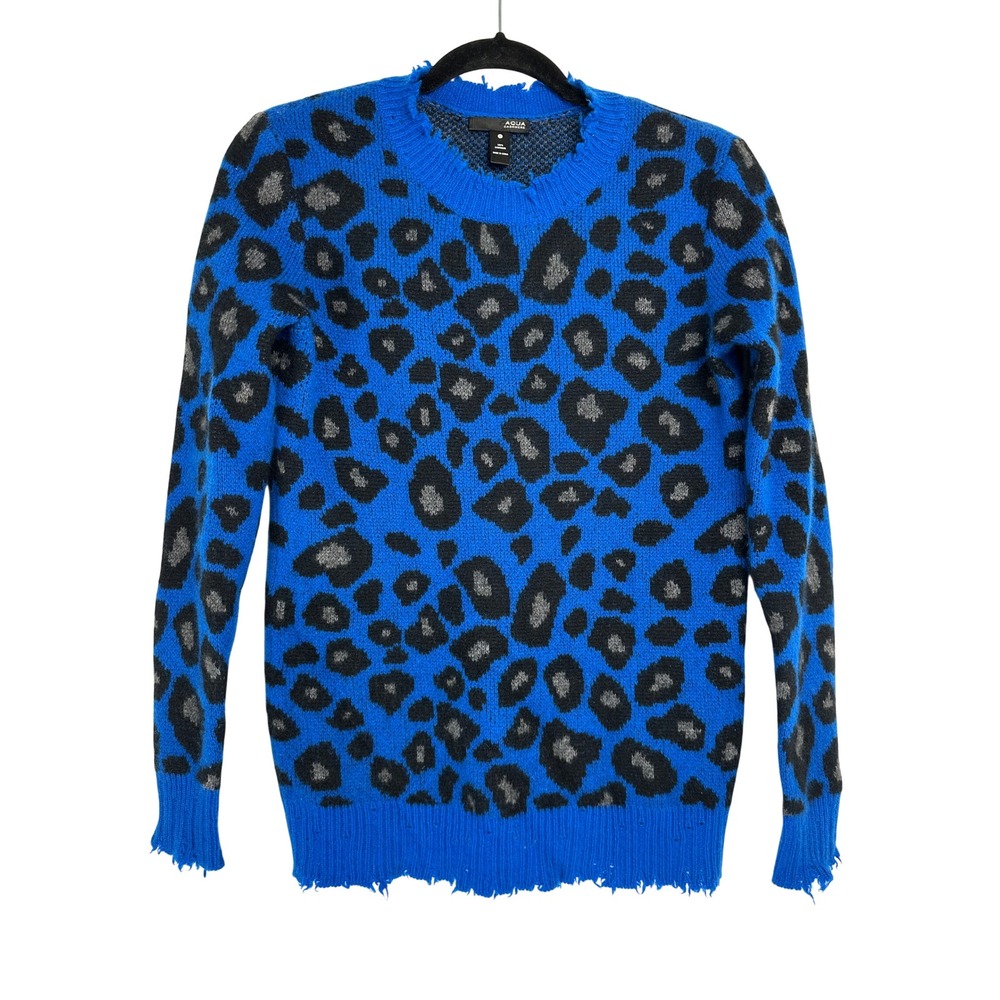 Aqua Cashmere Women Blue Leopard Print Distressed Crewneck Sweater Small